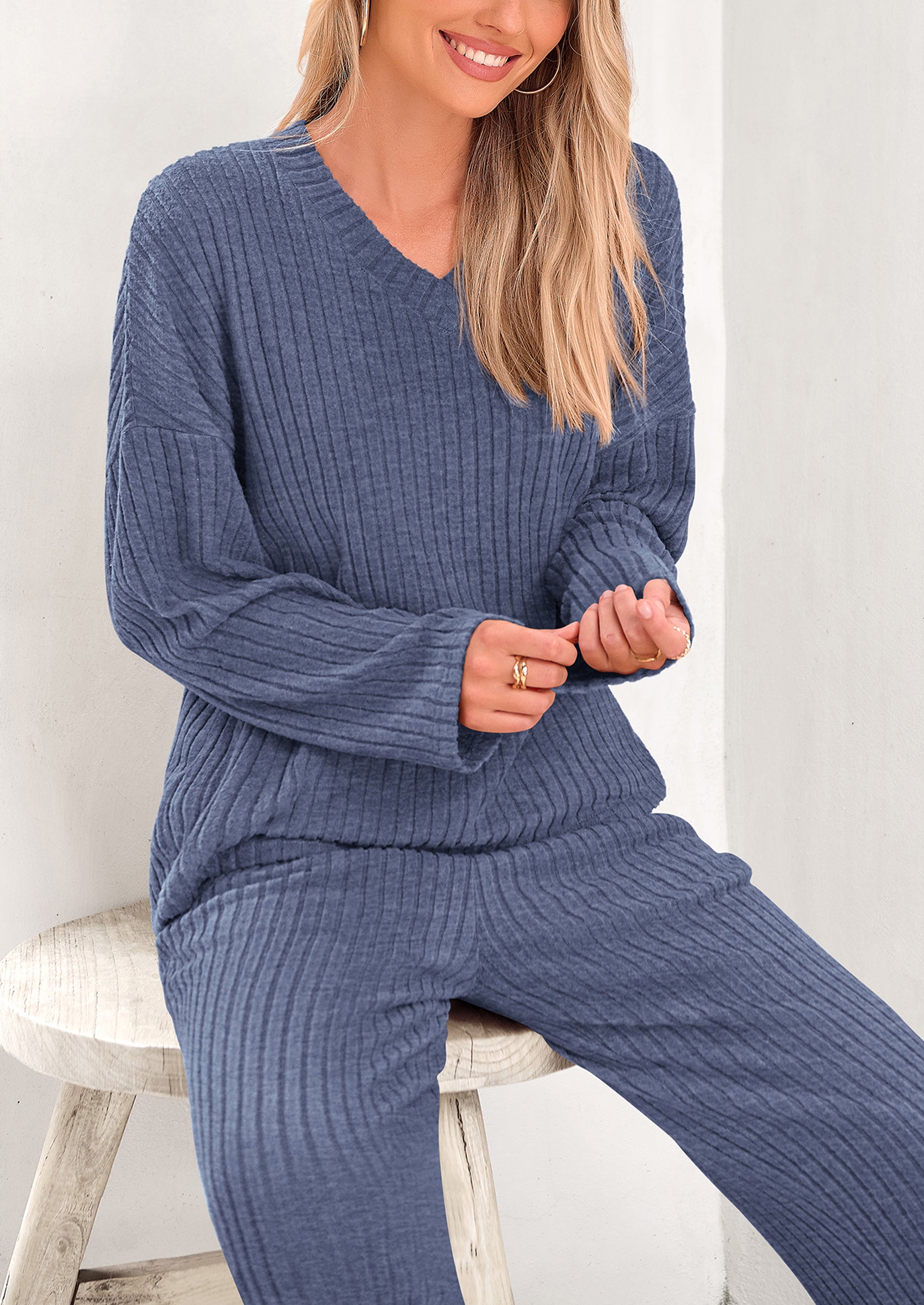 PRETTYGARDEN Women's 2 Piece Lounge Sets Ribbed Knit Long Sleeve V Neck Pullover Tops Wide Leg Pants Spring Fall Outfits