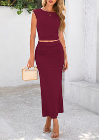 Solid Color Cap Sleeve Cropped Tops Ruched Skirts Two Piece Skirt Set