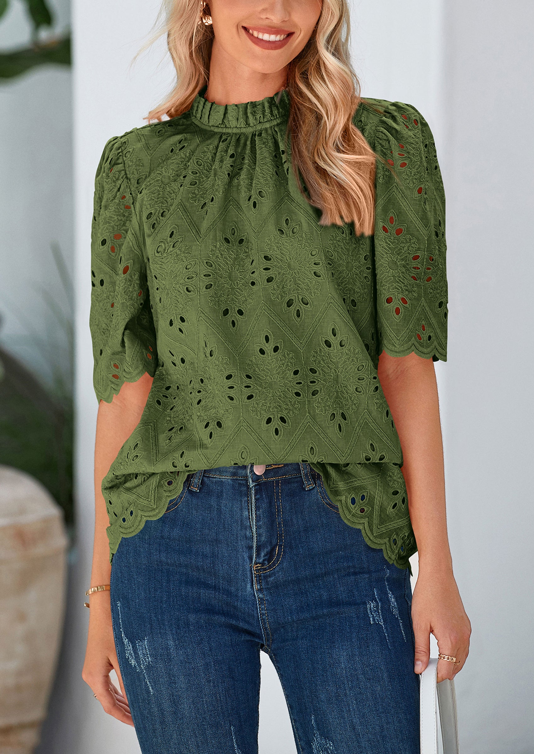 PRETTYGARDEN Womens Summer Tops Trendy Short Sleeve Eyelet Embroidered Dressy Casual Blouse Shirts