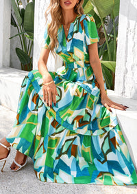 Summer Boho Floral Short Sleeve V Neck A Line Tiered Ruffle Flowy Long Beach Vacation Maxi Dresses