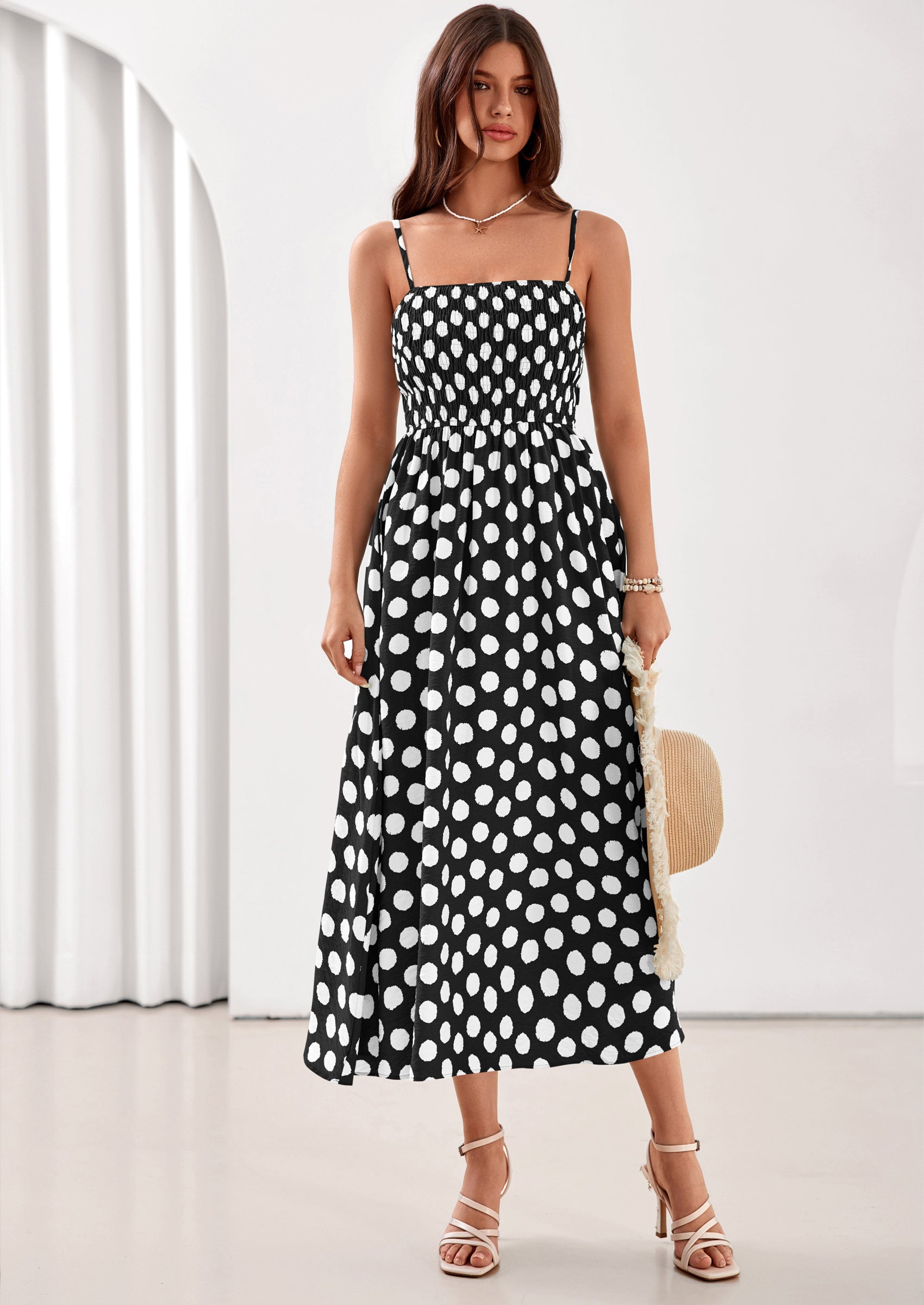 PRETTYGARDEN Womens Summer Dresses Spring Sleeveless Spaghetti Straps Casual Midi Dress Polka Dot Smocked Beach Sundress PRETTYGARDEN