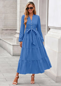 PRETTYGARDEN Fall Dresses for Women Long Sleeve V Neck Belted Ruffle A Line Flowy Boho Maxi Wedding Guest Dress Pockets