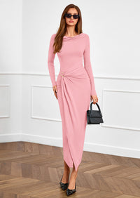 PRETTYGARDEN Women's Fall Wedding Guest Cocktail Midi Dresses Elegant Long Sleeve Bodycon Ruched Dress Fashion Clothing