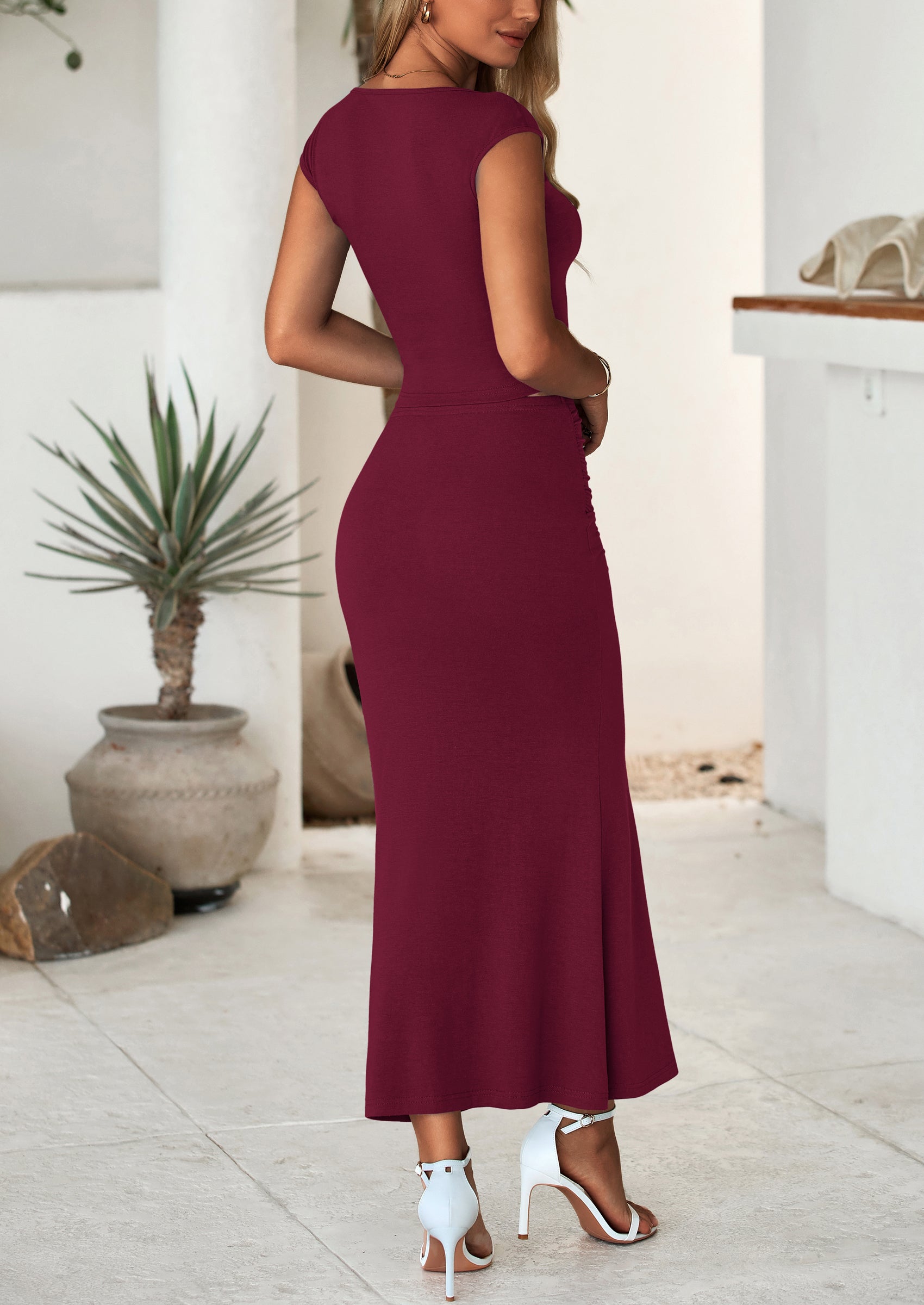 PRETTYGARDEN Summer 2 Piece Sets for Women Going Out Casual Cap Sleeve Crop Tops Ruched Maxi Long Skirts Spring Outfits