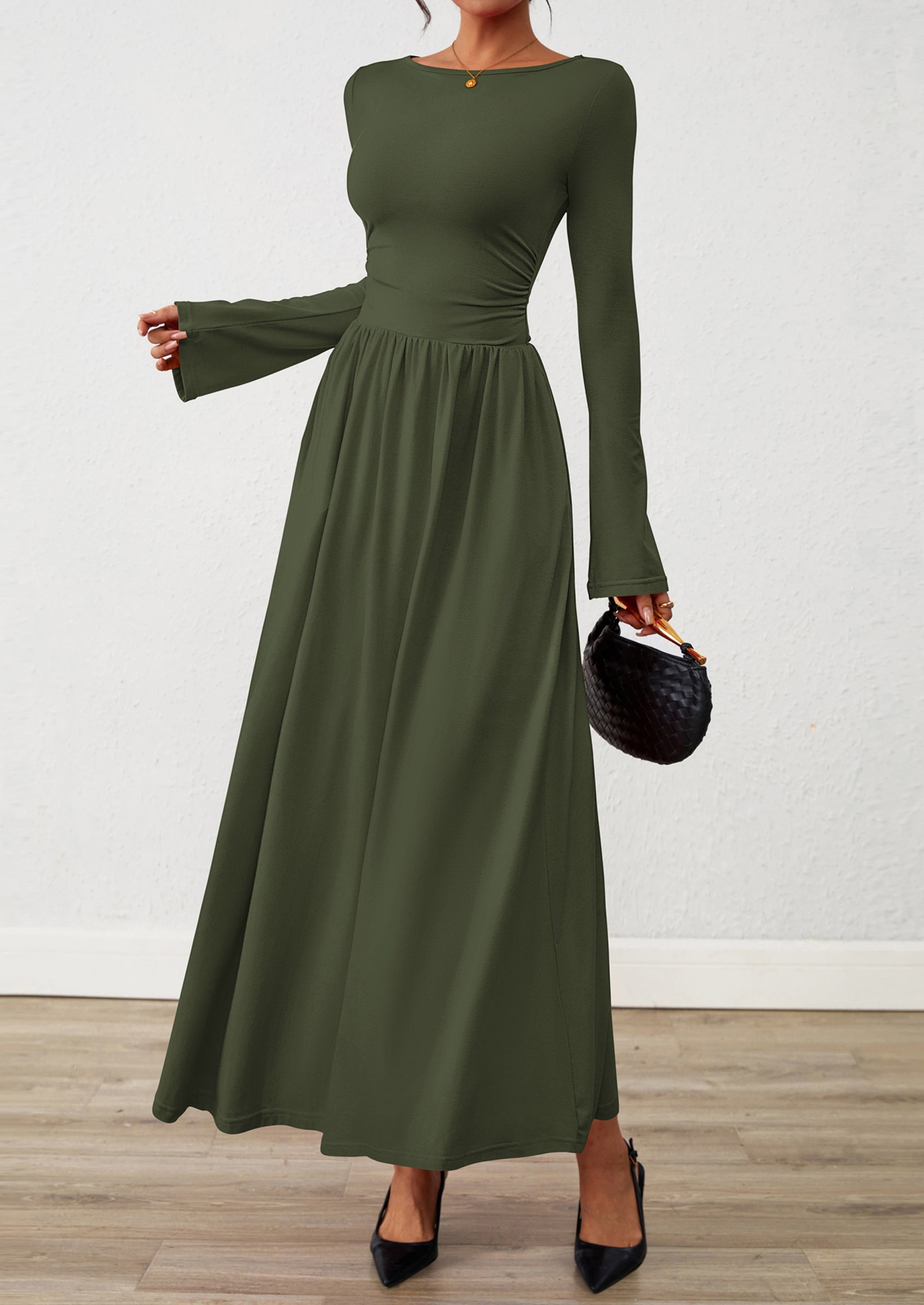 BTFBM Long Sleeve Maxi Dresses for Women Fall Casual Ruched Boat Neck Flowy Elegant Formal Wedding Guest Dress