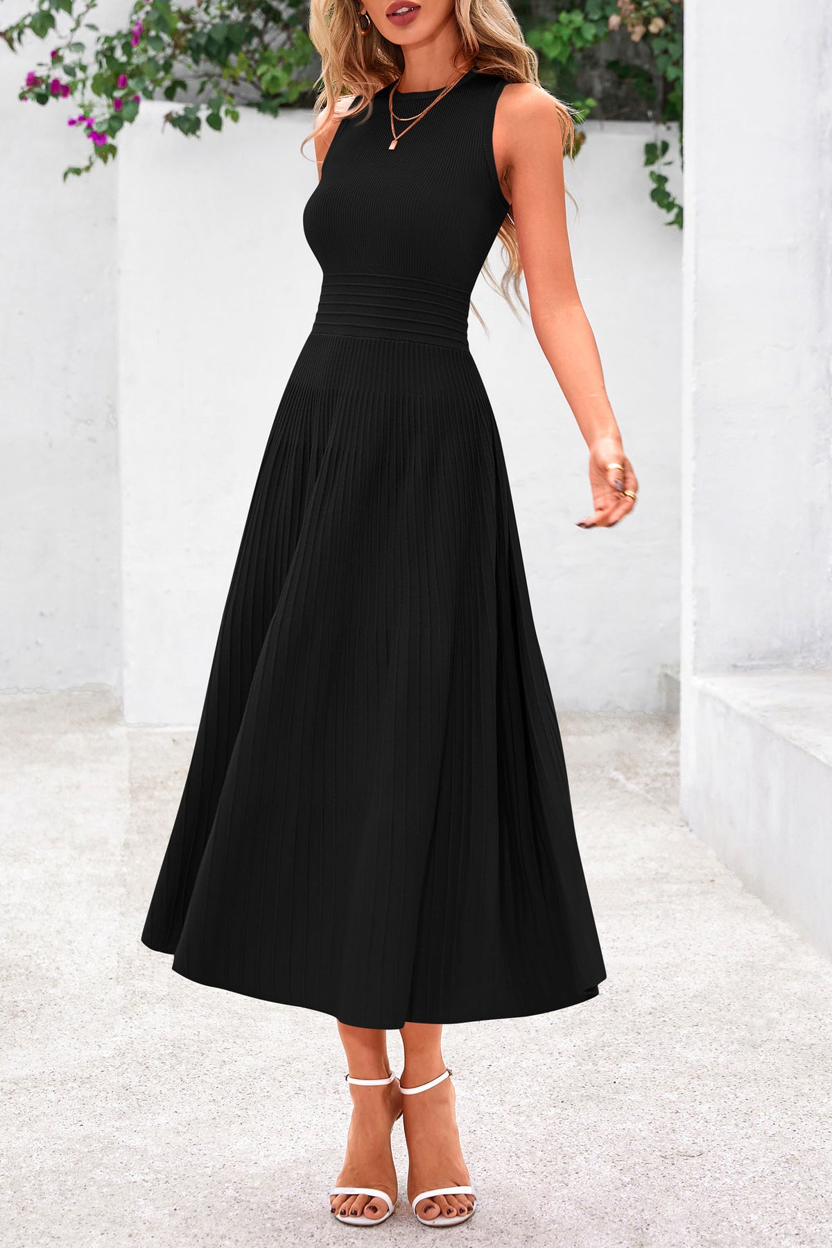 Women's Summer Midi Dresses 2025 Sleeveless Crewneck Knit A Line Pleated Swing Wedding Guest Casual Tank Dress