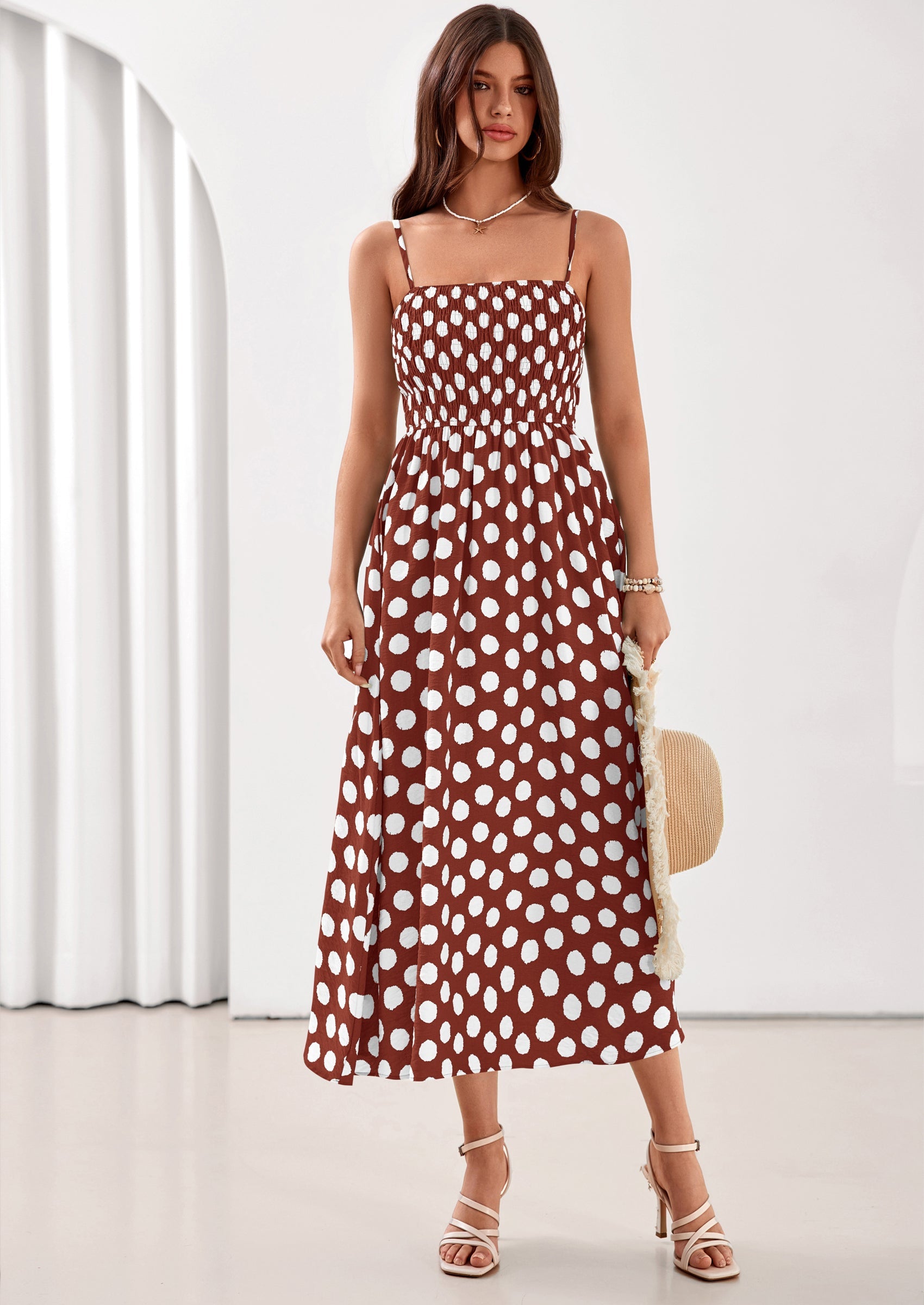 PRETTYGARDEN Womens Summer Dresses Spring Sleeveless Spaghetti Straps Casual Midi Dress Polka Dot Smocked Beach Sundress PRETTYGARDEN