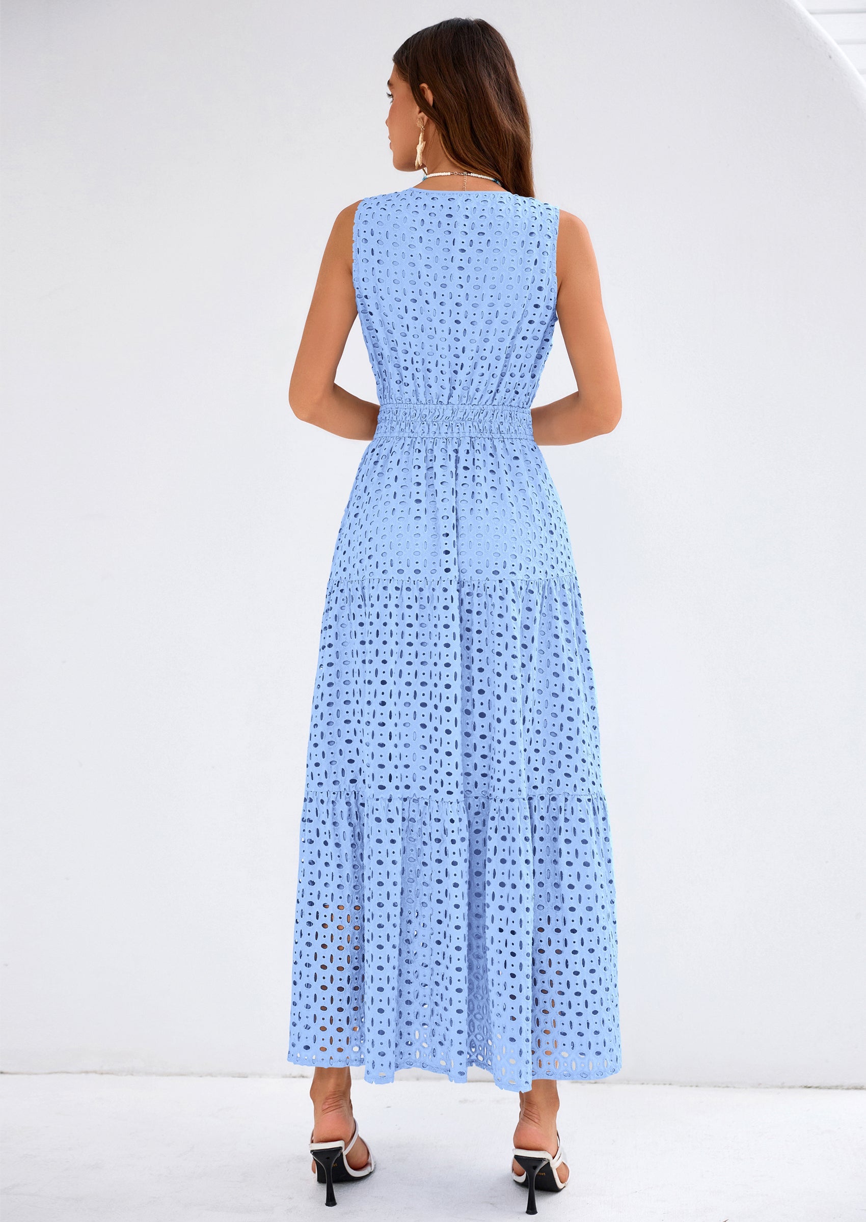 PRETTYGARDEN Summer Dresses for Women Sundresses Sleeveless V Neck Eyelet A Line Flowy Beach Vacation Spring Maxi Dress PRETTYGARDEN