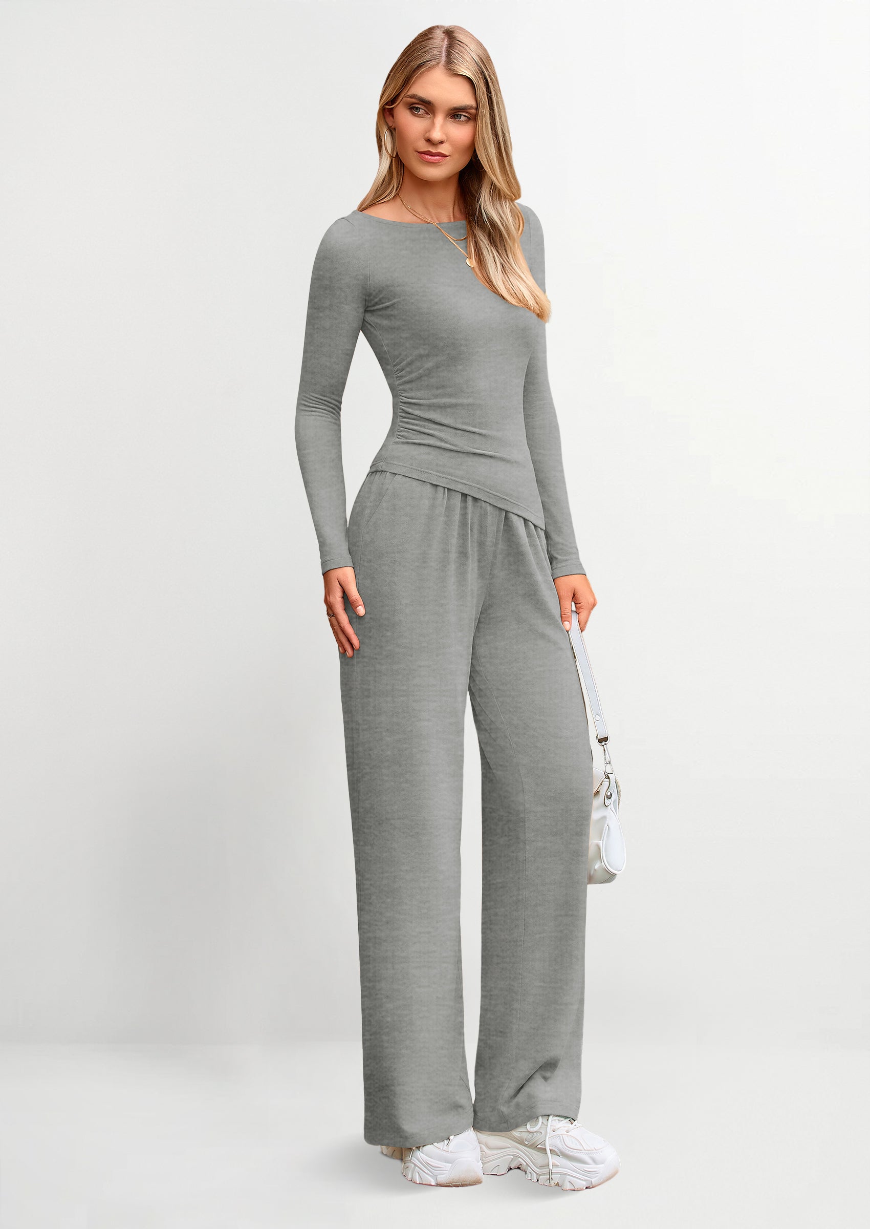 PRETTYGARDEN Women's 2 Piece Lounge Sets Asymmetrical Long Sleeve T Shirt Wide Leg Pants Casual Outfits Tracksuit