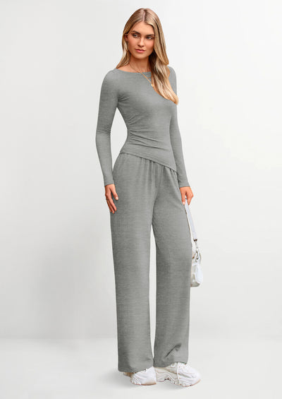 PRETTYGARDEN Women's 2 Piece Lounge Sets Asymmetrical Long Sleeve T Shirt Wide Leg Pants Casual Outfits Tracksuit