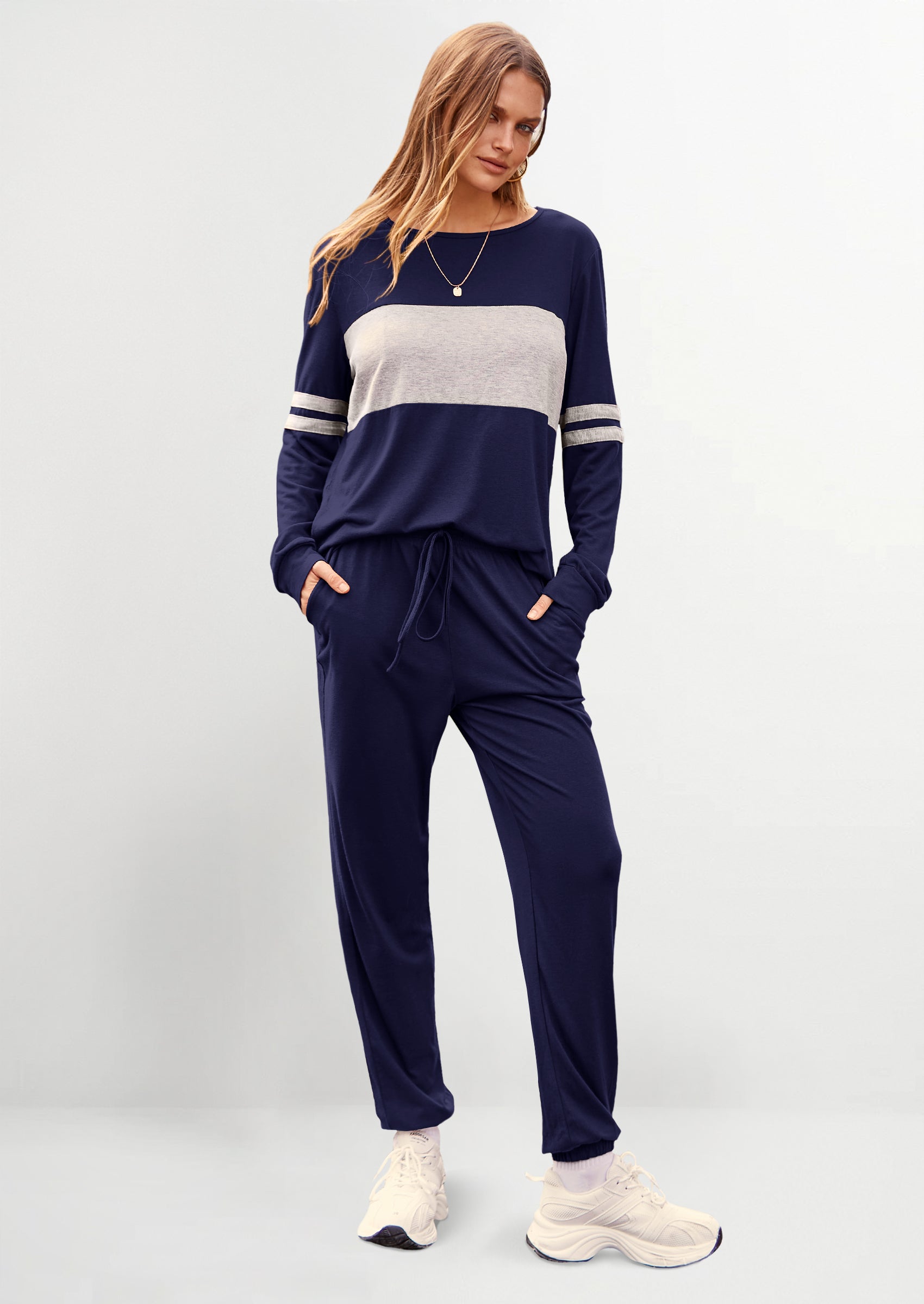 PRETTYGARDEN Women's Color Block 2 Piece Spring Tracksuit Crewneck Long Sleeve Tops Long Sweatpants Outfits Lounge Sets