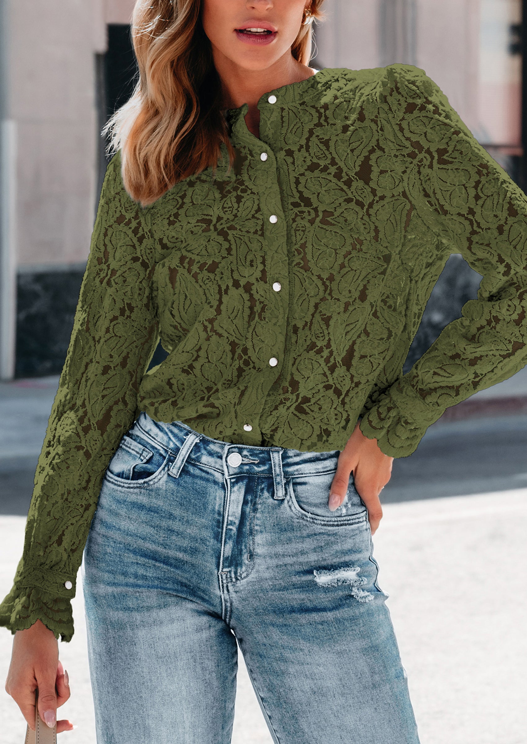 PRETTYGARDEN Women's Dressy Casual Lace Blouse Long Sleeve Button Up Shirts Tops Spring Fall Fashion Clothes