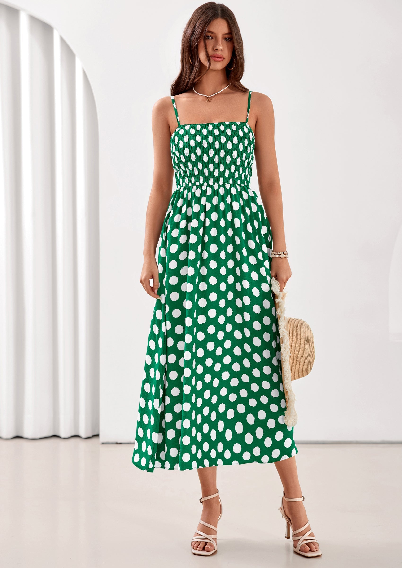 PRETTYGARDEN Womens Summer Dresses Spring Sleeveless Spaghetti Straps Casual Midi Dress Polka Dot Smocked Beach Sundress PRETTYGARDEN