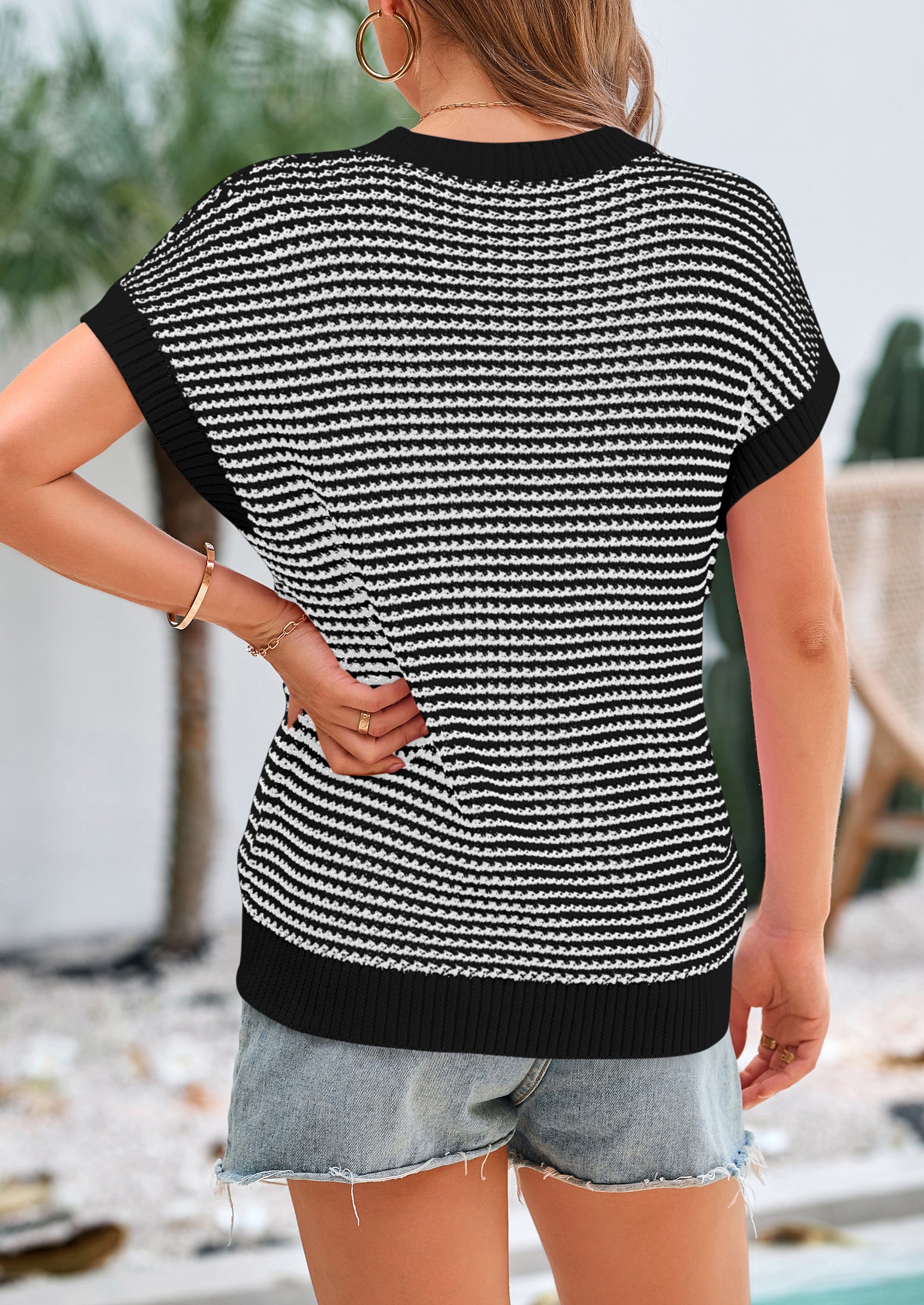 PRETTYGARDEN Womens Short Sleeve Sweater Spring Summer Round Neck Striped Pullover Cap Sleeve Knit Sweater Vest Tops