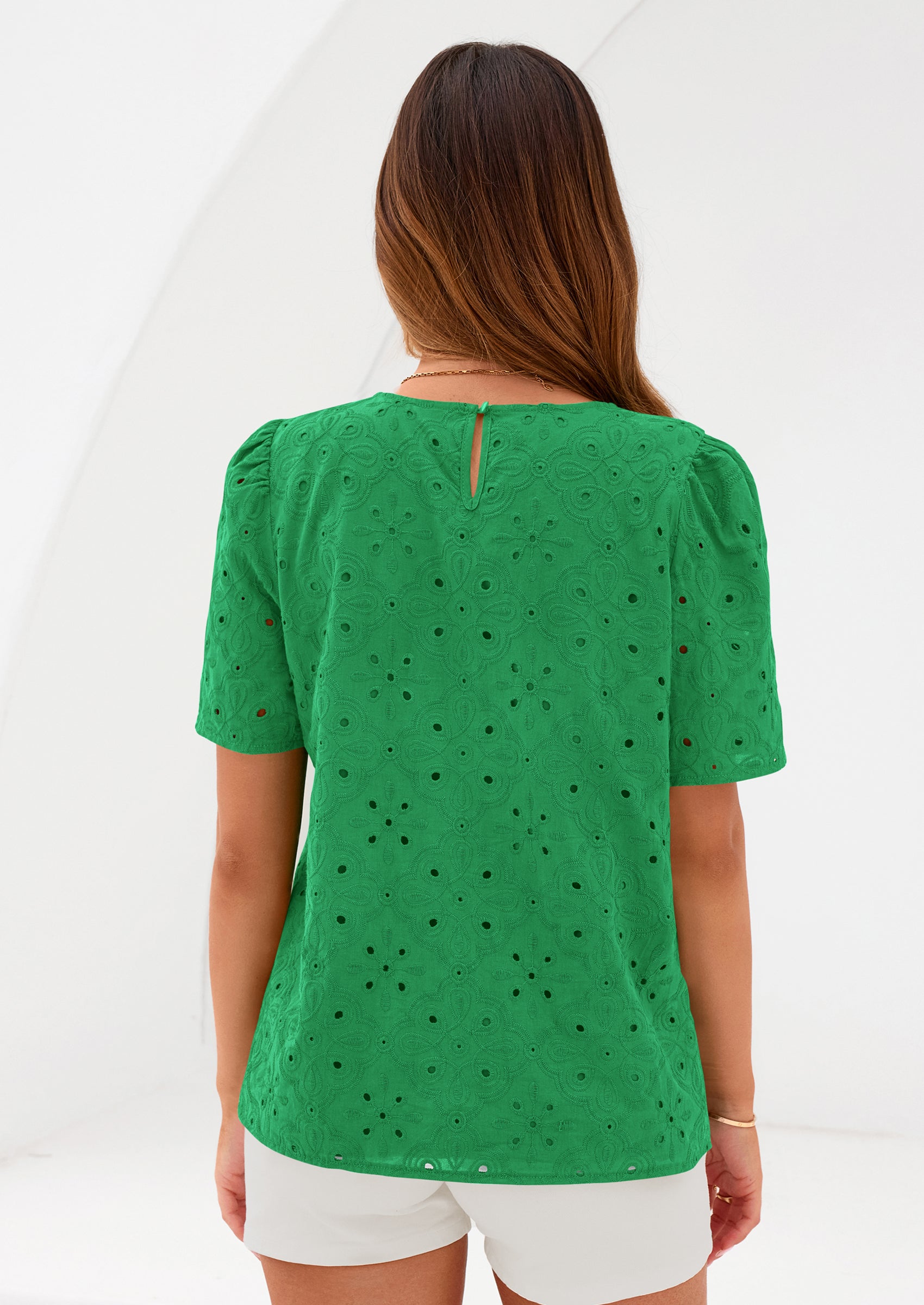 PRETTYGARDEN Women's Puff Short Sleeve Eyelet Shirts Summer Lace Blouses Dressy Casual Work Tops Spring Teacher Clothes PRETTYGARDEN