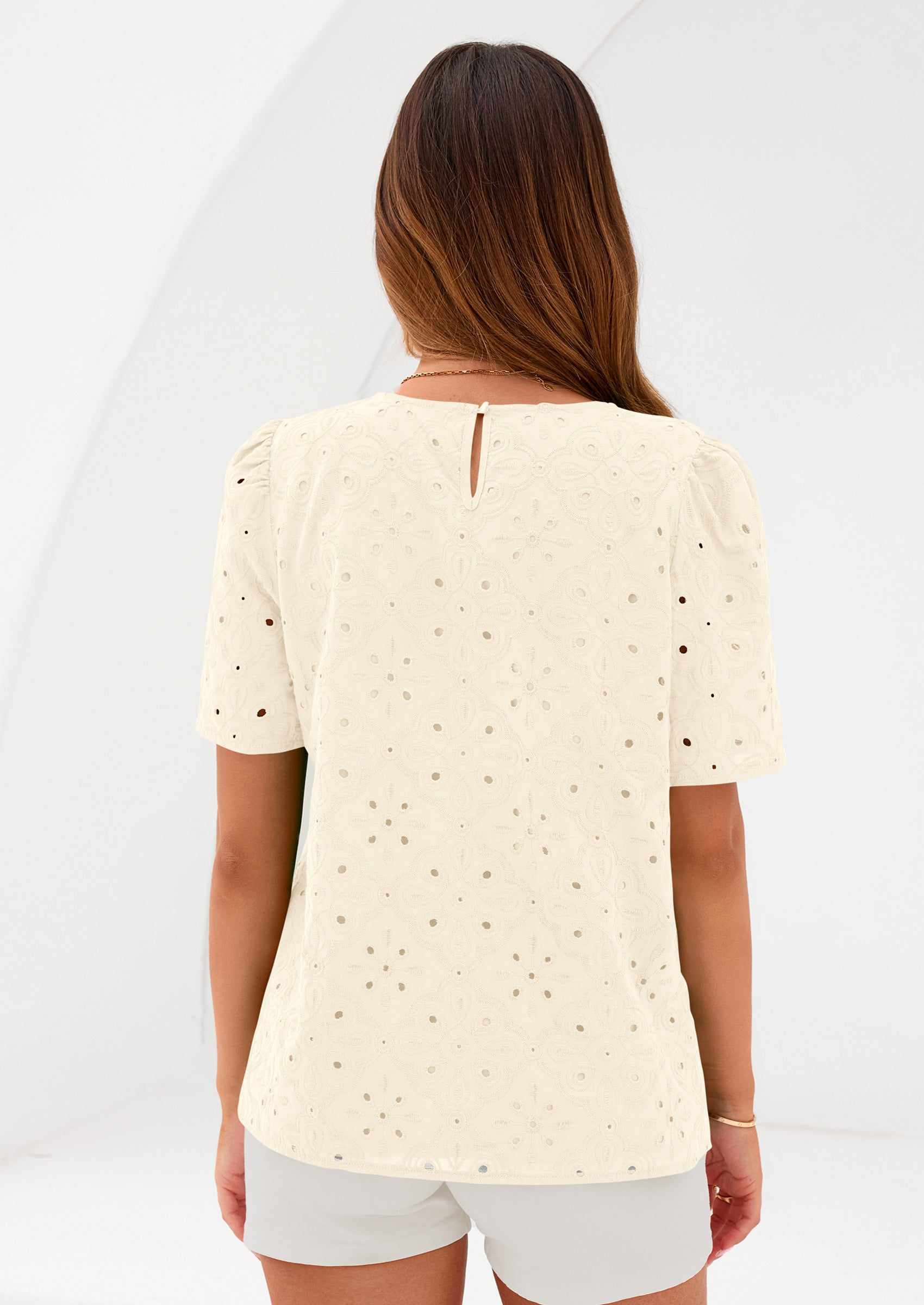 PRETTYGARDEN Women's Puff Short Sleeve Eyelet Shirts Summer Lace Blouses Dressy Casual Work Tops Spring Teacher Clothes PRETTYGARDEN