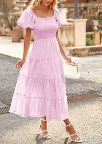 PRETTYGARDEN Women's Summer Casual Midi Dress Puffy Short Sleeve Square Neck Smocked Tiered Ruffle Dresses