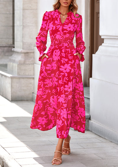 PRETTYGARDEN Women's Floral Maxi Dress Spring Long Sleeve V Neck Casual A Line Long Flowy Boho Party Dresses