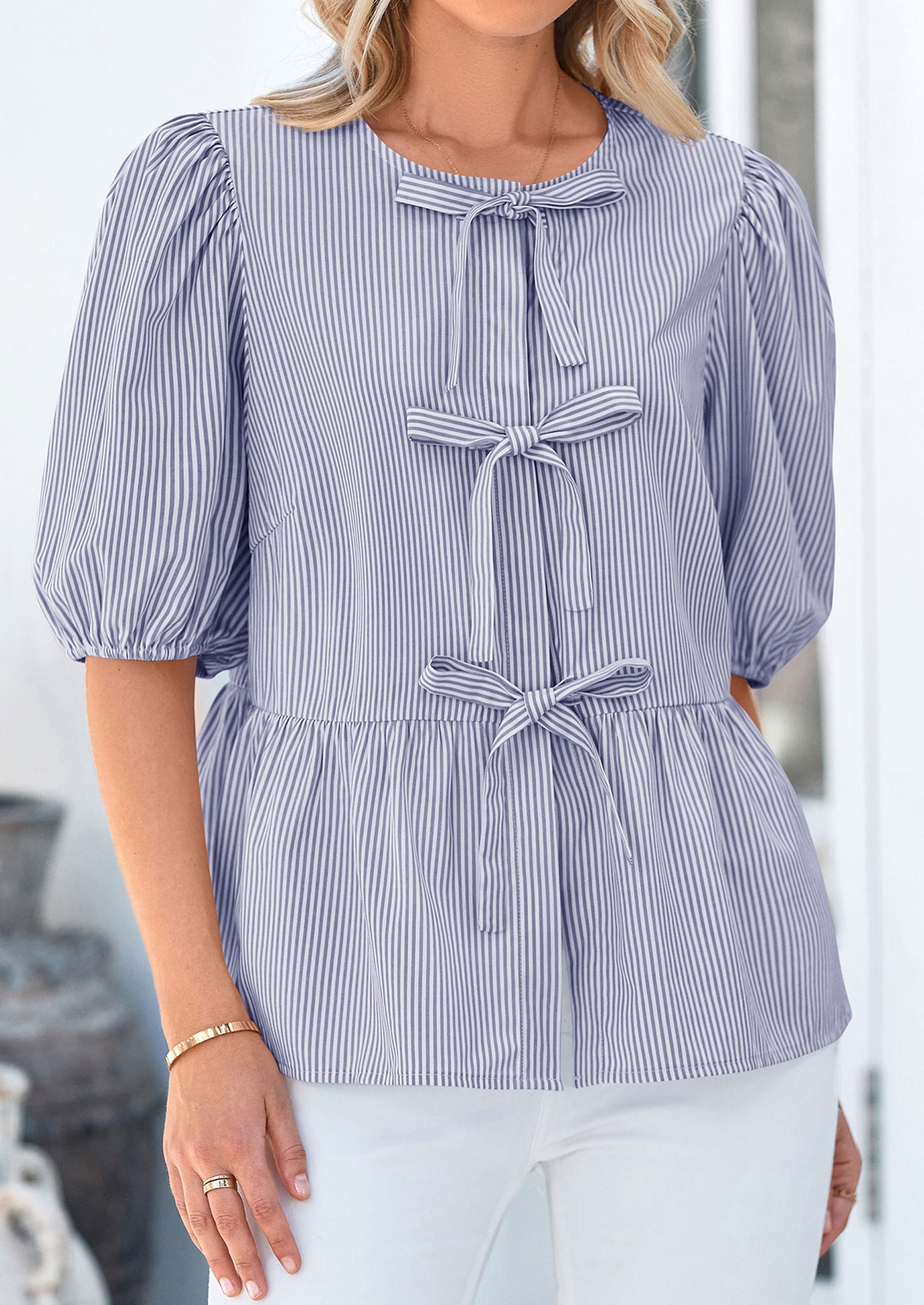PRETTYGARDEN Women's Tie Front Striped Shirt Summer Trendy Fashion Cute Babydoll Tops Peplum Puffy Sleeve Blouse