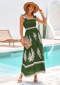 PRETTYGARDEN Womens Summer Boho Maxi Dress Casual Sleeveless Square Neck Floral Aline Smocked Beach Dresses with Pockets