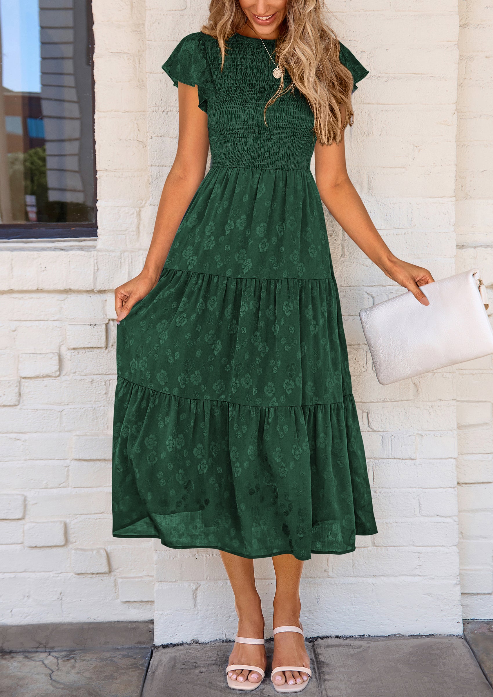 PRETTYGARDEN Midi Dress for Women Summer Floral Cap Sleeve Smocked Ruffle A Line Long Flowy Wedding Guest Dresses