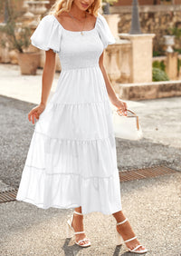 PRETTYGARDEN Women's Summer Casual Midi Dress Puffy Short Sleeve Square Neck Smocked Tiered Ruffle Dresses