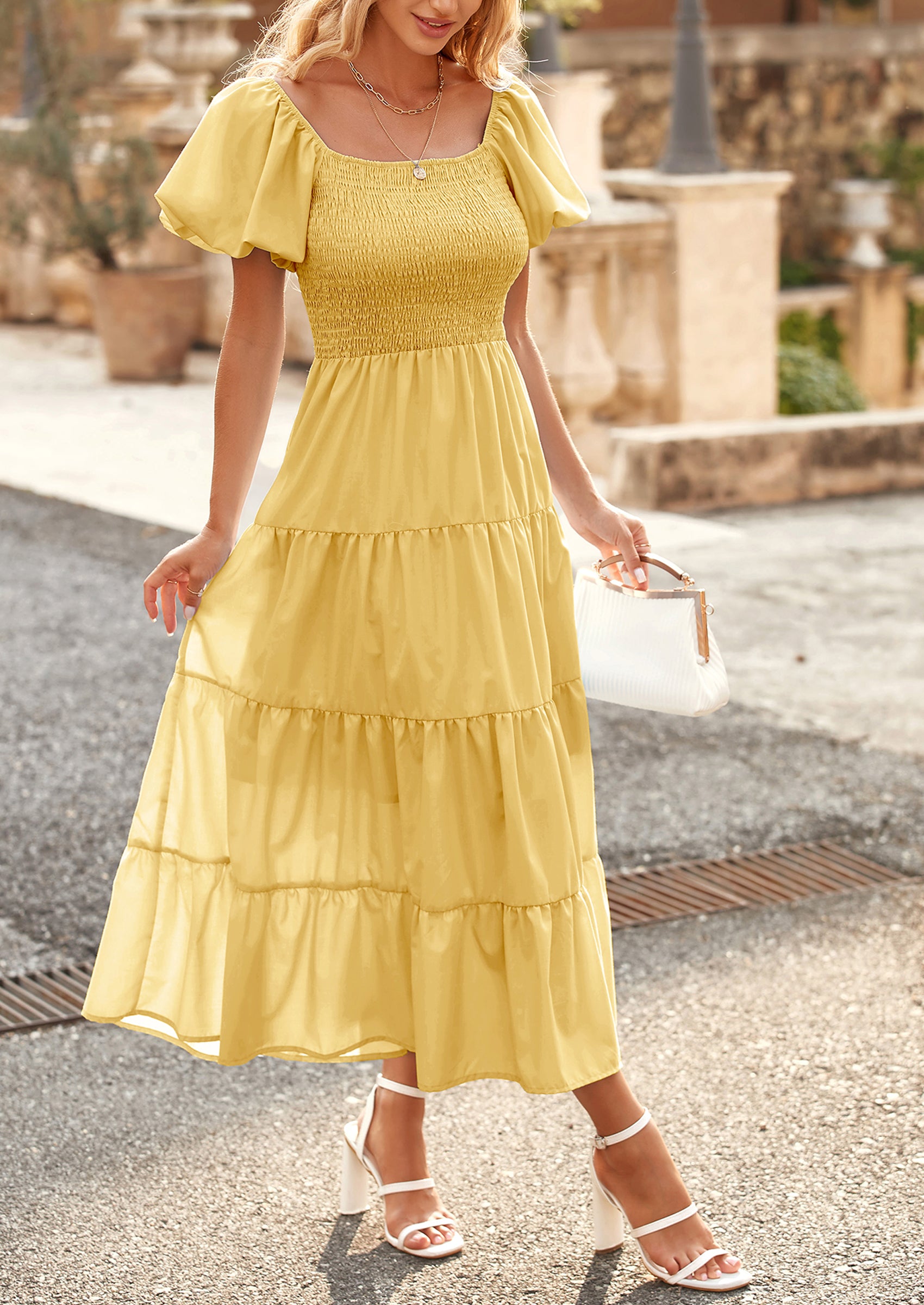 PRETTYGARDEN Women's Summer Casual Midi Dress Puffy Short Sleeve Square Neck Smocked Tiered Ruffle Dresses