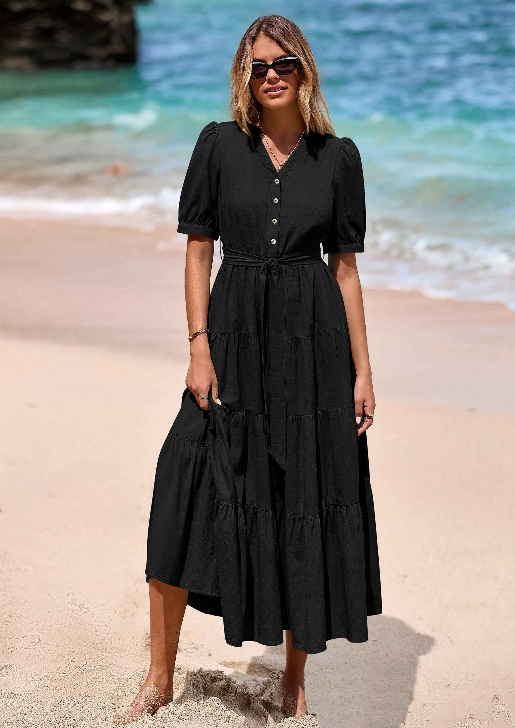 PRETTYGARDEN Women's Midi Dress Casual Short Sleeve V Neck Buttons Bel PRETTYGARDEN Women's Midi Dress Casual Short Sleeve V Neck Buttons Bel