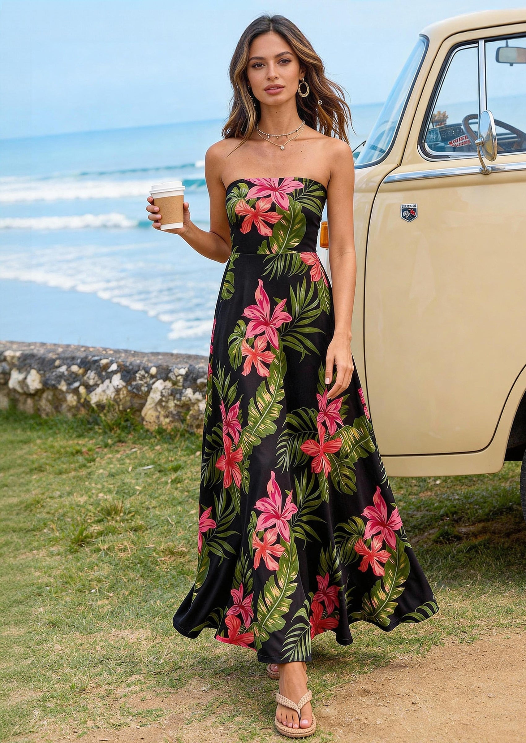 PRETTYGARDEN Sleeveless Floral Summer Maxi Dresses for Women Tube Top Flowy Long Dress Tropical Beach Vacation Clothes PRETTYGARDEN