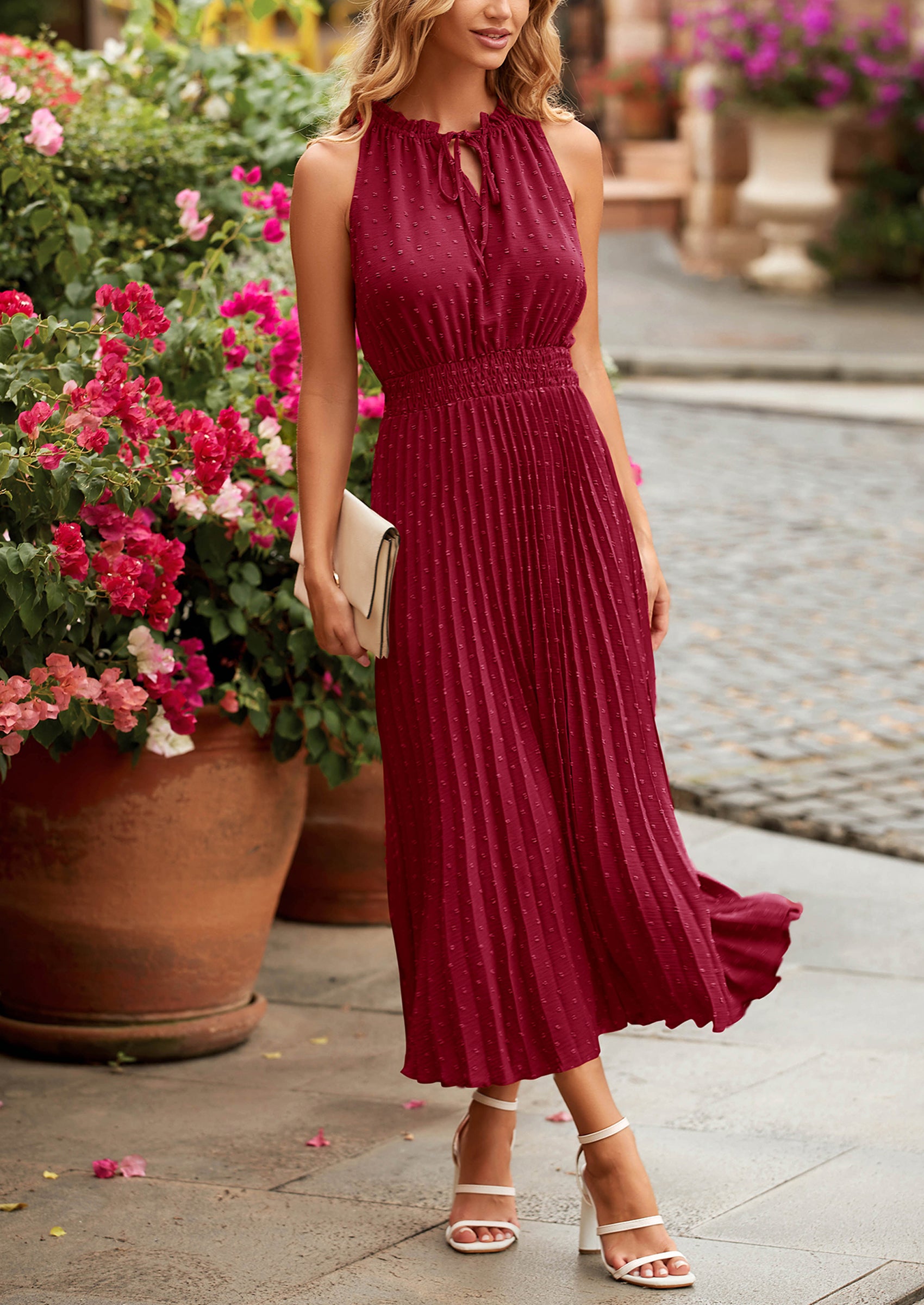 PRETTYGARDEN Women's Midi Summer Dresses Casual V Neck Swiss Dot Ruffle Sleeveless A Line Beach Sun Dress