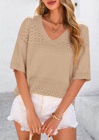 PRETTYGARDEN Women's Short Sleeve Sweater Tops Spring Summer Casual V Neck Ribbed Knit Trendy Eyelet Blouse T Shirts