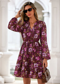 PRETTYGARDEN Women's Fall Boho Dresses Floral Long Sleeve V Neck Mini Flowy Wedding Guest Dress Trendy Vacation Outfits