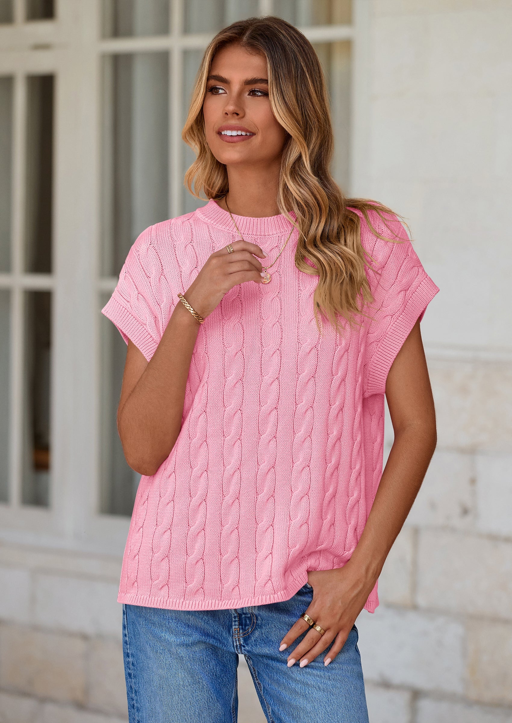 PRETTYGARDEN Women's Sweater Vest Summer Short Sleeve Tops Casual Crewneck Knit Oversized Pullover Trendy Spring Outfits PRETTYGARDEN