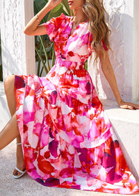 Summer Boho Floral Short Sleeve V Neck A Line Tiered Ruffle Flowy Long Beach Vacation Maxi Dresses