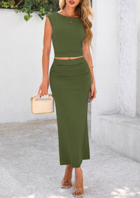 Solid Color Cap Sleeve Cropped Tops Ruched Skirts Two Piece Skirt Set