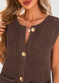 Sleeveless Button Down Cropped Chunky Knit Cardigan Trendy Tank Tops with Pockets