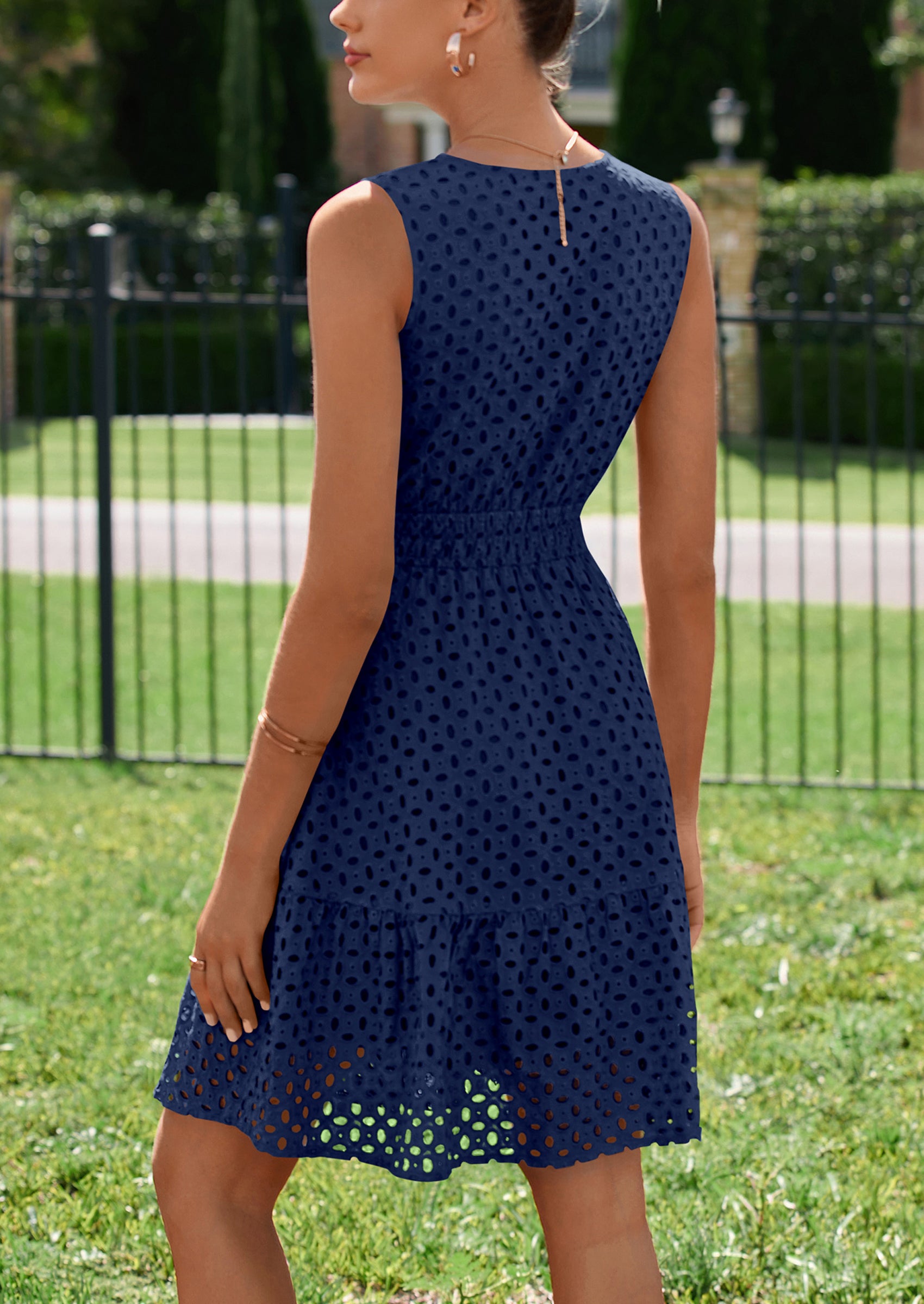 PRETTYGARDEN Women's Summer Dresses Sleeveless V Neck Eyelet Hollow Out Swing A Line Beach Vacation Sun Dress