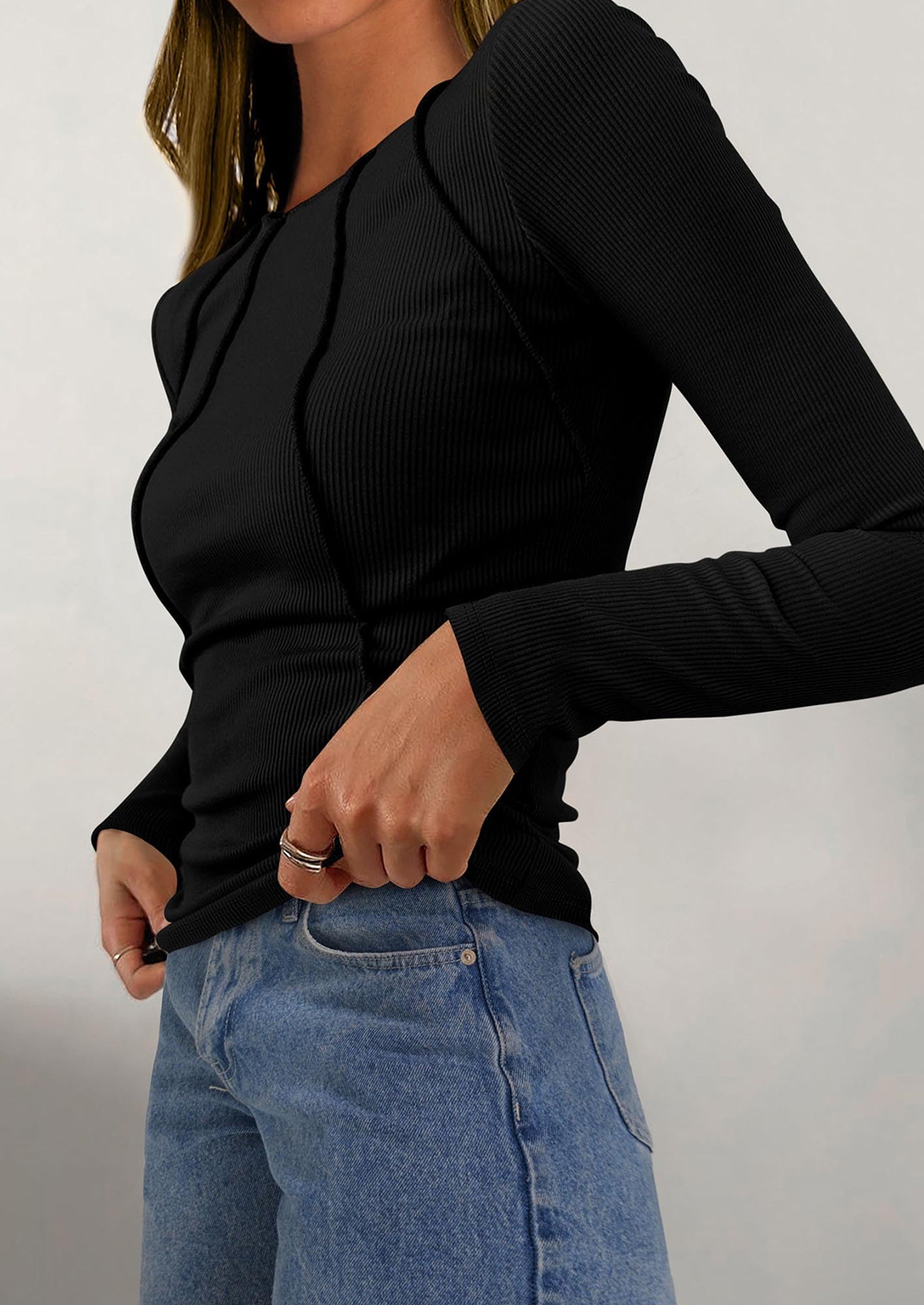 KIRUNDO Ribbed Long Sleeve Tops for Women Stretch Slim Basic Crop Tee Exposed Seams Spring Fall Fashion Trendy Tshirt