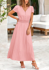 Women's Summer Maxi Dresses 2025 Trendy Casual Button V Neck Ruffle Cap Sleeve Long Flowy Pleated Dress