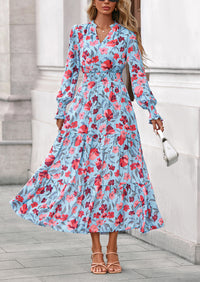 PRETTYGARDEN Women's Floral Maxi Dress Spring Long Sleeve V Neck Casual A Line Long Flowy Boho Party Dresses