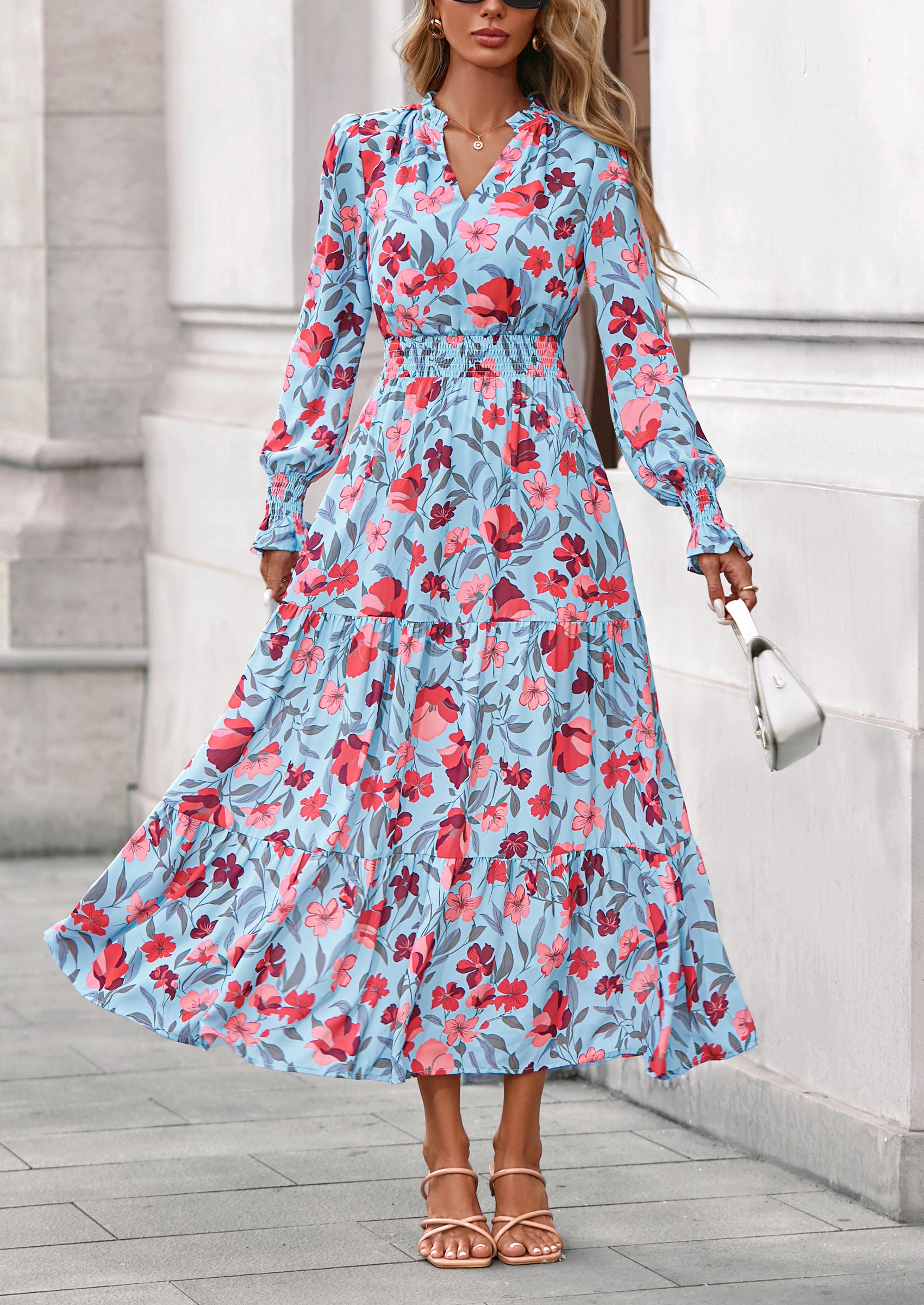 PRETTYGARDEN Women's Floral Maxi Dress Spring Long Sleeve V Neck Casual A Line Long Flowy Boho Party Dresses