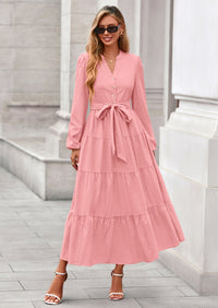 PRETTYGARDEN Fall Dresses for Women Long Sleeve V Neck Belted Ruffle A Line Flowy Boho Maxi Wedding Guest Dress Pockets