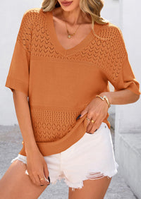 PRETTYGARDEN Women's Short Sleeve Sweater Tops Spring Summer Casual V Neck Ribbed Knit Trendy Eyelet Blouse T Shirts