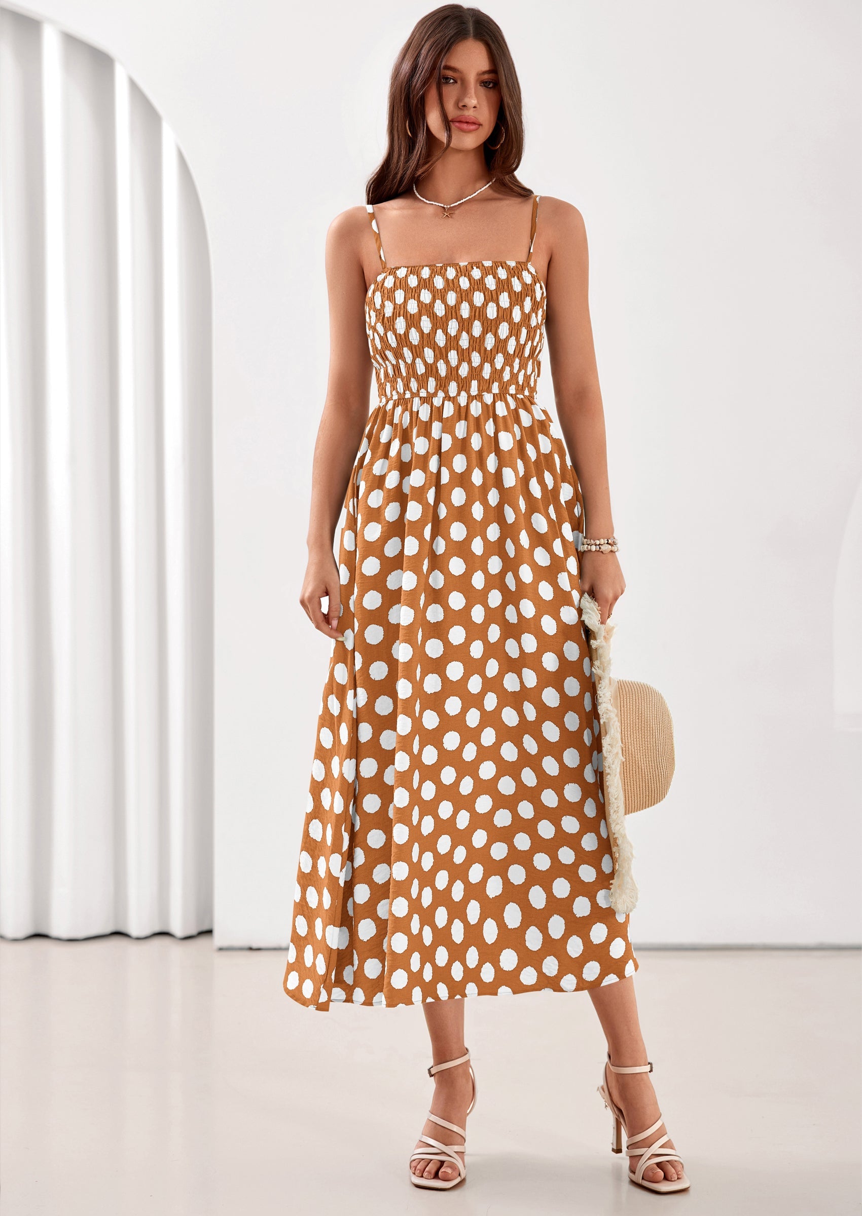 PRETTYGARDEN Womens Summer Dresses Spring Sleeveless Spaghetti Straps Casual Midi Dress Polka Dot Smocked Beach Sundress PRETTYGARDEN