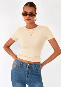 PRETTYGARDEN Women Summer Crew Neck Short Sleeve Tops Ribbed Knit Slim Fit Fashion Basic Tee Shirts Casual Going Out Top PRETTYGARDEN