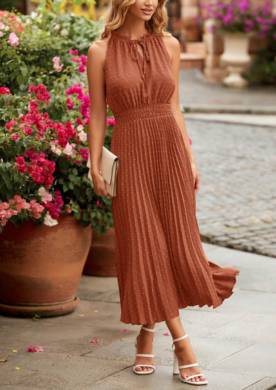 PRETTYGARDEN Women's Midi Summer Dresses Casual V Neck Swiss Dot Ruffle Sleeveless A Line Beach Sun Dress