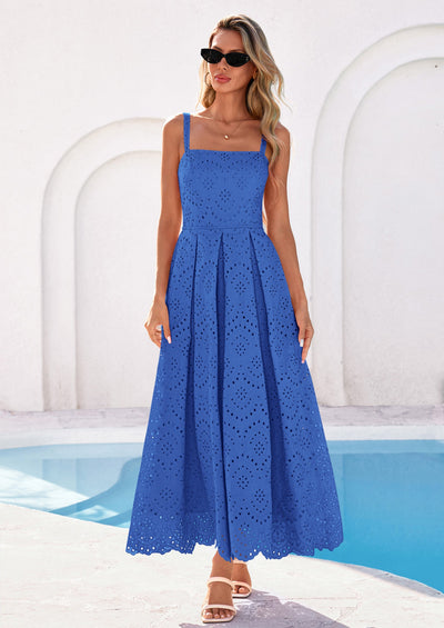 PRETTYGARDEN Womens Sleeveless Maxi Summer Dresses Hollow Out Eyelet Square Neck Ruffle Flowy Beach Vacation Sundress PRETTYGARDEN