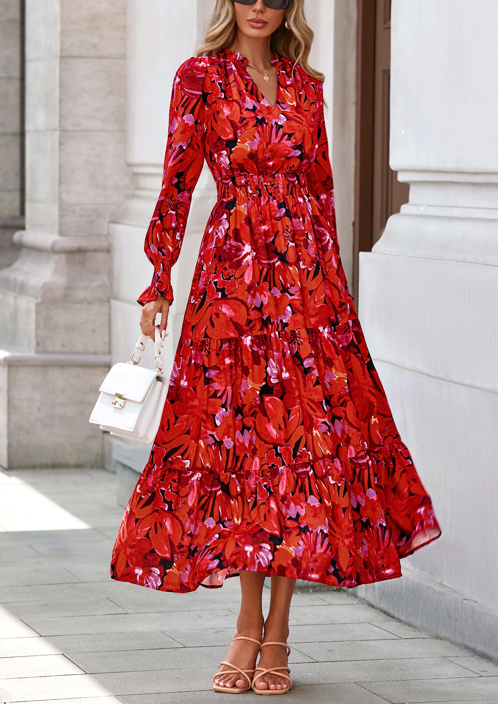 PRETTYGARDEN Women's Floral Maxi Dress Spring Long Sleeve V Neck Casual A Line Long Flowy Boho Party Dresses