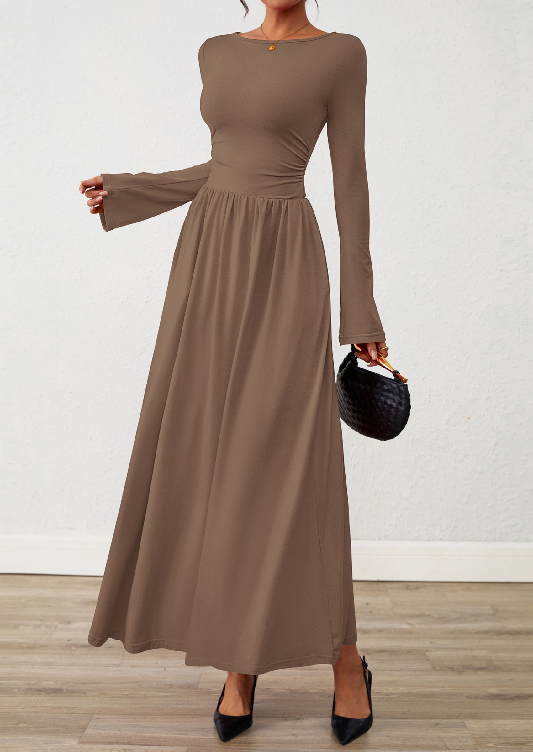 BTFBM Long Sleeve Maxi Dresses for Women Fall Casual Ruched Boat Neck Flowy Elegant Formal Wedding Guest Dress
