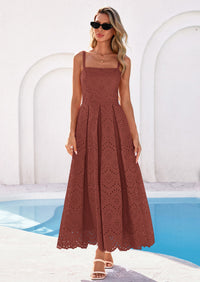 PRETTYGARDEN Womens Sleeveless Maxi Summer Dresses Hollow Out Eyelet Square Neck Ruffle Flowy Beach Vacation Sundress PRETTYGARDEN